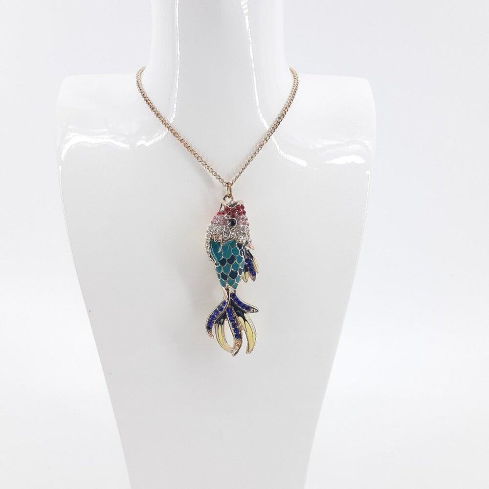 Blue Fish Enamel Rhinestone Long Gold Tone Chain Necklace Color Multi colored
